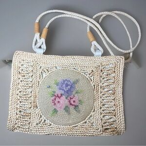 Vintage Woven Handbag with Embroidered Floral Design and Shoulder Strap Boho